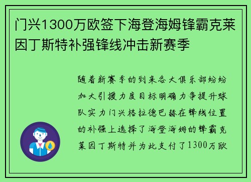 门兴1300万欧签下海登海姆锋霸克莱因丁斯特补强锋线冲击新赛季